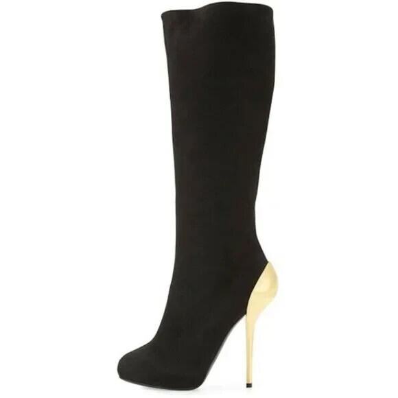 Giuseppe Zanotti Boot Black Suede Sculpted Gold Metallic Slim Heel Knee … - Picture 1 of 9